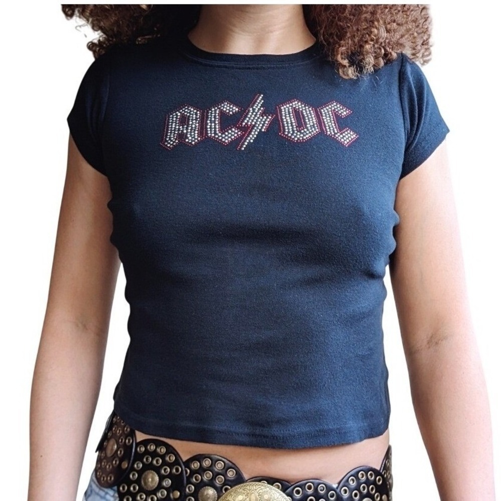 ACDC Vintage Y2K 2003 Grunge Rock N Roll Black Mc Bling Studded Baby T-Shirtl